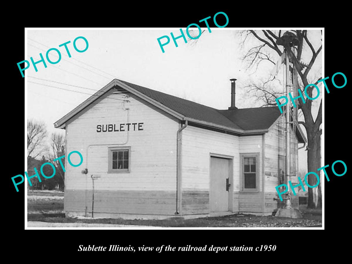 OLD LARGE HISTORIC PHOTO OF SUBLETTE ILLINOIS, THE RAILROAD DEPOT STATION c1950