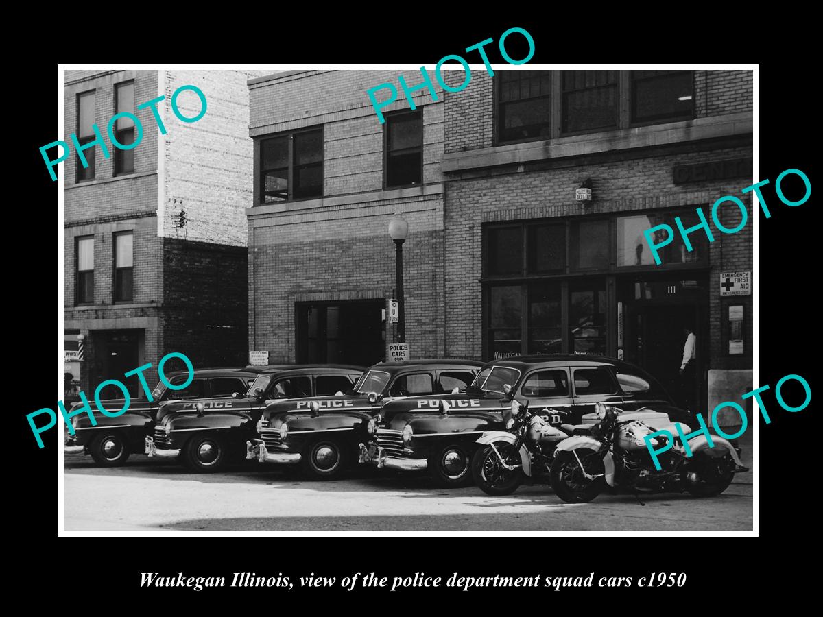 OLD LARGE HISTORIC PHOTO OF WAUKEGAN ILLINOIS, THE POLICE DEPARTMENT CARS c1950