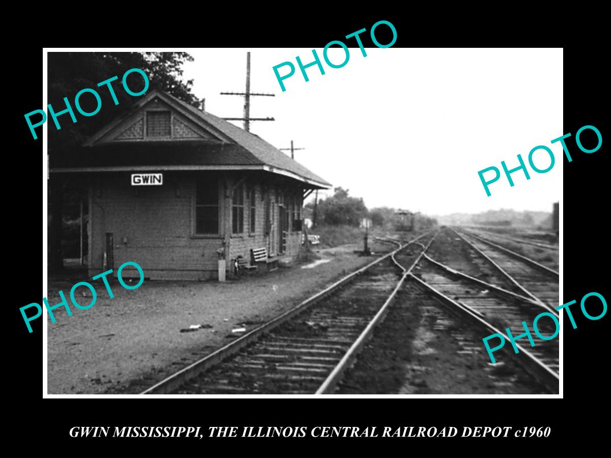 OLD LARGE HISTORIC PHOTO OF GWIN MISSISSIPPI, THE RAILROAD DEPOT STATION c1960