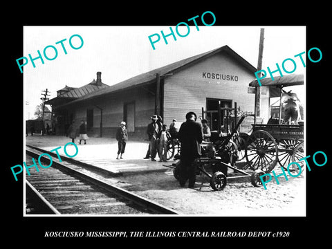 OLD LARGE HISTORIC PHOTO OF KOSCIUSKO MISSISSIPPI, RAILROAD DEPOT STATION c1920