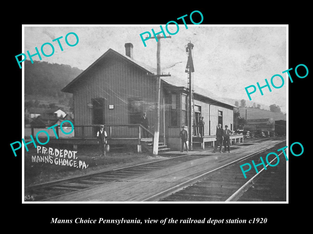 OLD LARGE HISTORIC PHOTO OF MANNS CHOICE PENNSYLVANIA THE RAILROAD STATION c1920