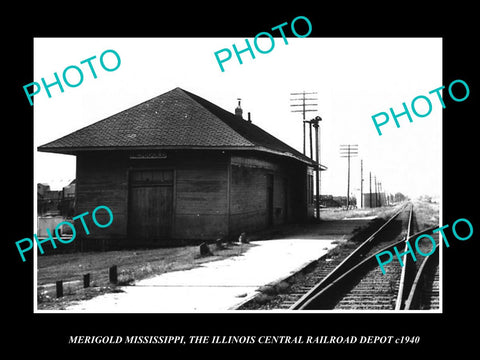 OLD LARGE HISTORIC PHOTO OF MERIGOLD MISSISSIPPI, RAILROAD DEPOT STATION c1940