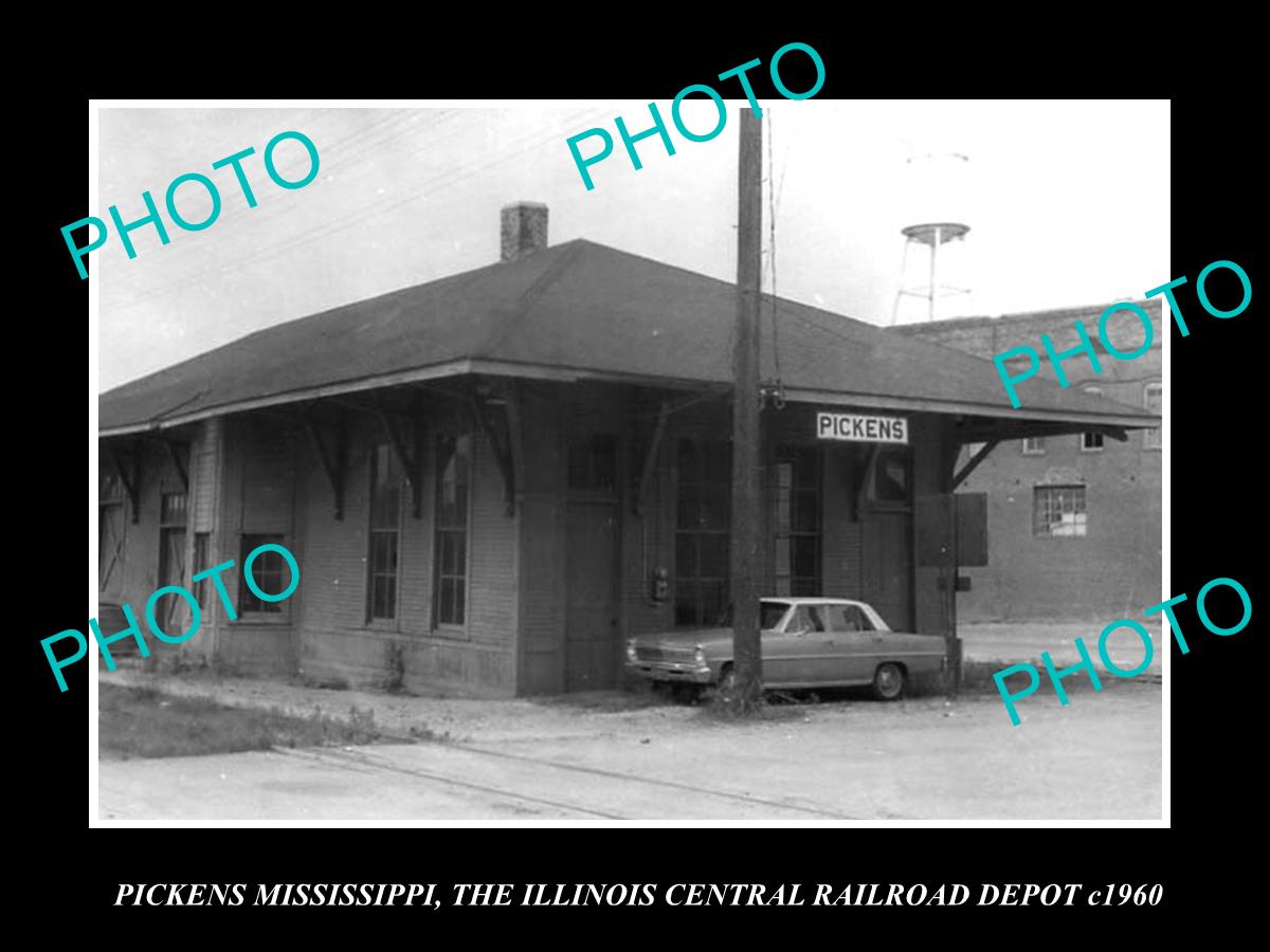 OLD LARGE HISTORIC PHOTO OF PICKENS MISSISSIPPI THE RAILROAD DEPOT STATION c1960