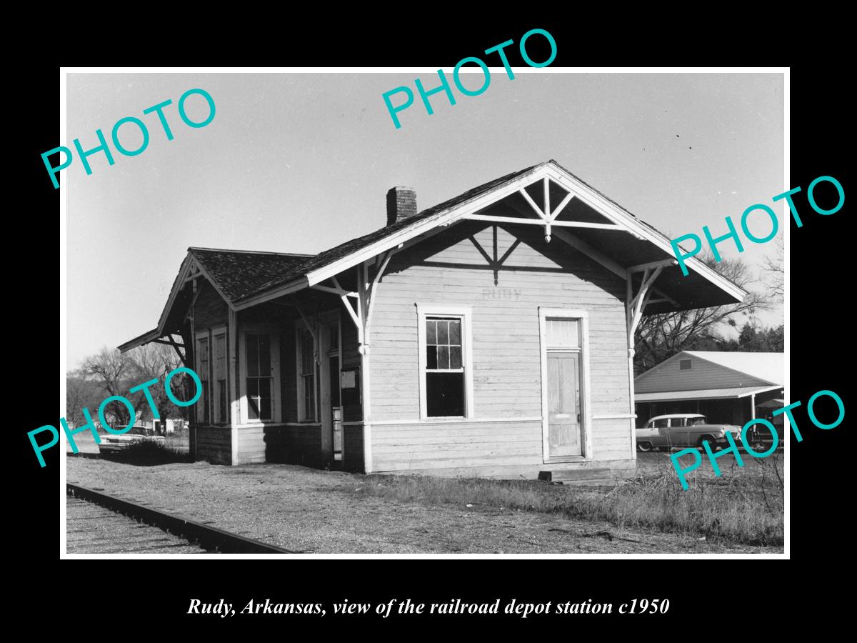 OLD LARGE HISTORIC PHOTO OF RUDY ARKANSAS, THE RAILROAD DEPOT STATION c1950