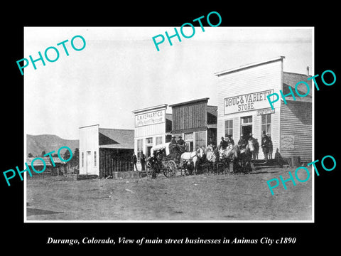 OLD LARGE HISTORIC PHOTO OF DURANGO COLORADO, VIEW OF ANIMAS CITY STORES c1890