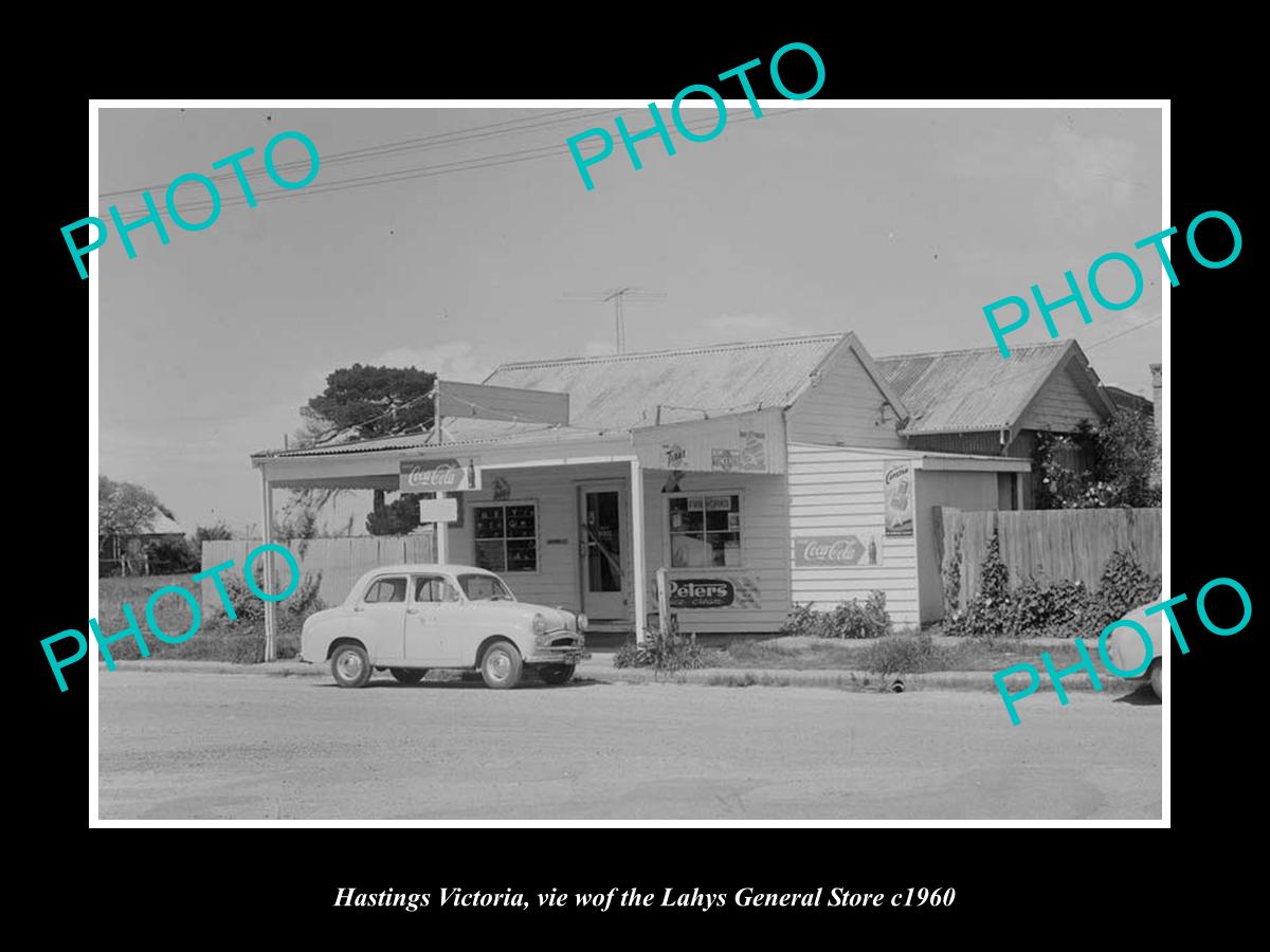 OLD LARGE HISTORIC PHOTO OF HASTINGS VICTORIA, THE LAHYS GENERAL STORE c1960