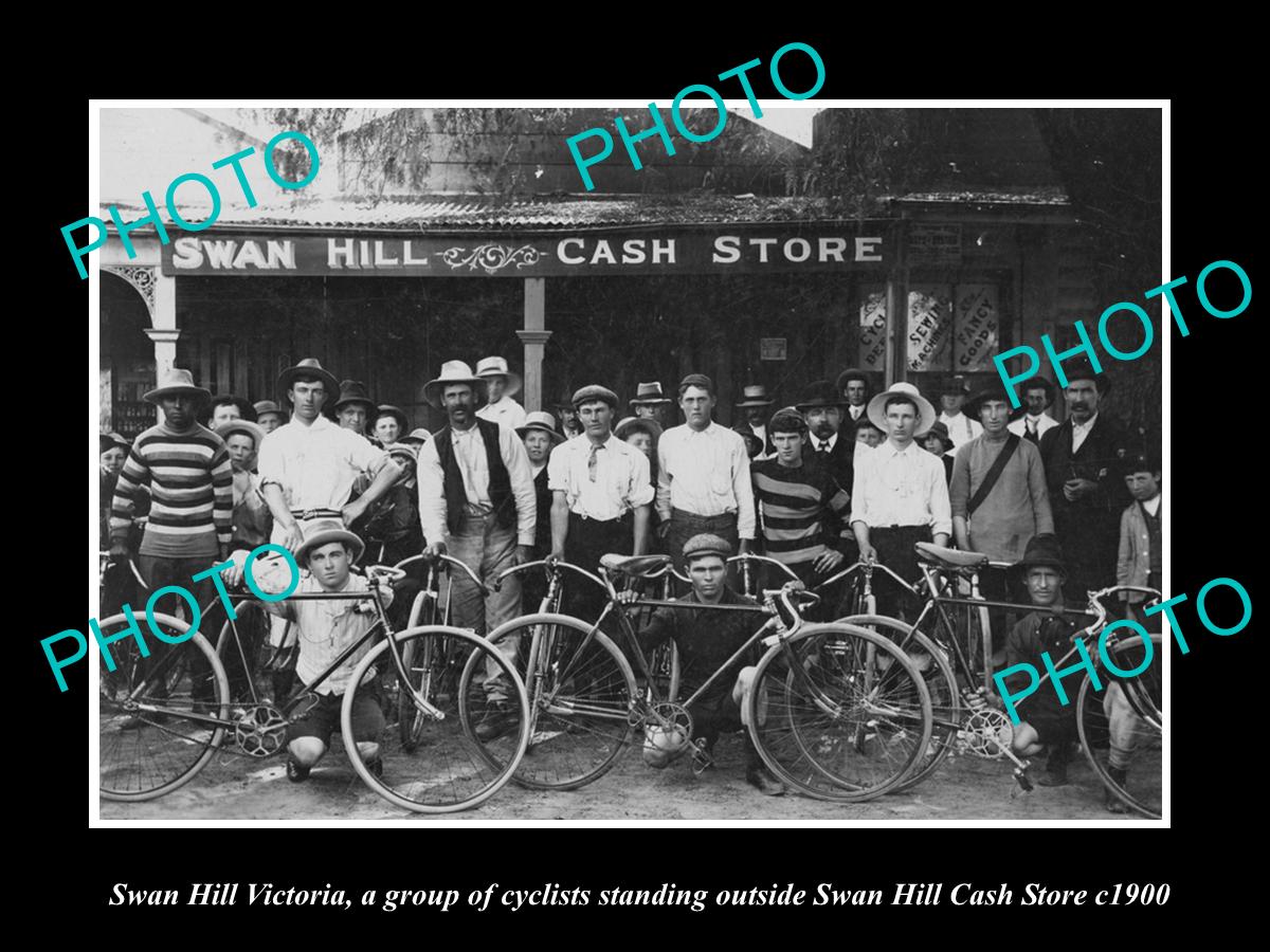 OLD LARGE HISTORIC PHOTO OF SWAN HILL VICTORIA, BICYCLE CLUB & CASH STORE c1900