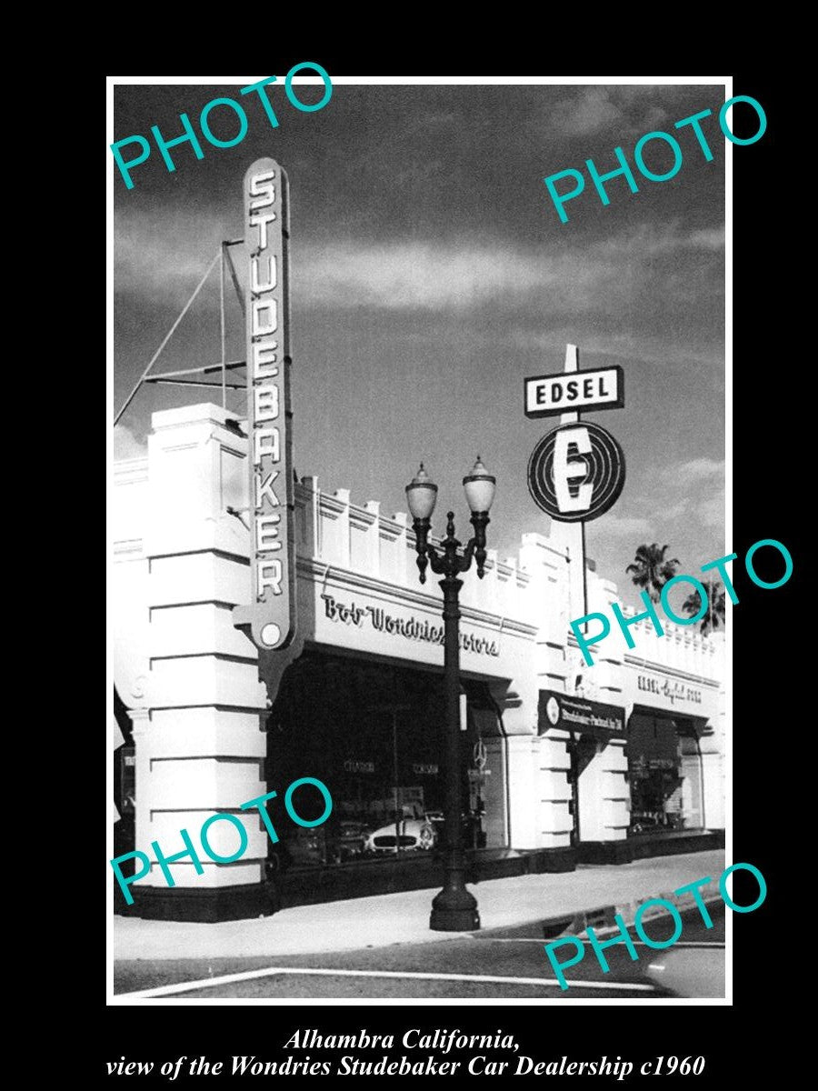 OLD LARGE HISTORIC PHOTO OF ALHAMBRA CALIFORNIA, STUDEBAKER CAR DEALERSHIP c1960