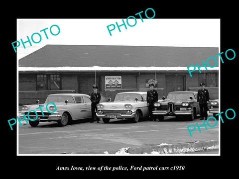 OLD LARGE HISTORIC PHOTO OF AMES IOWA, THE TOWN POLICE FORD PATROL CARS c1950