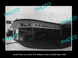 OLD LARGE HISTORIC PHOTO OF AUSTIN TEXAS, THE WILLIAMS NASH CAR DEALERSHIP c1940