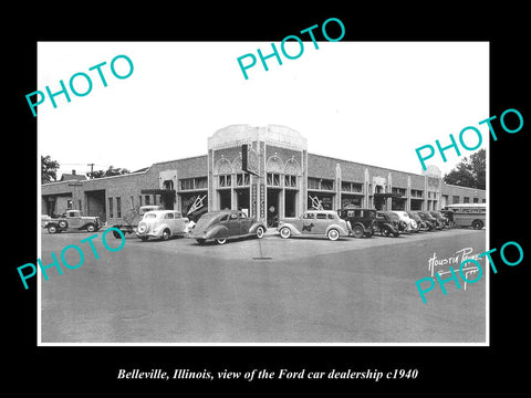 OLD LARGE HISTORIC PHOTO OF BELLEVILLE ILLINOIS, THE FORD CAR DEALERSHIP c1940