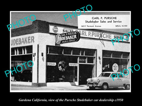 OLD LARGE HISTORIC PHOTO OF GARDENA CALIFORNIA, STUDEBAKER CAR DEALERSHIP c1950