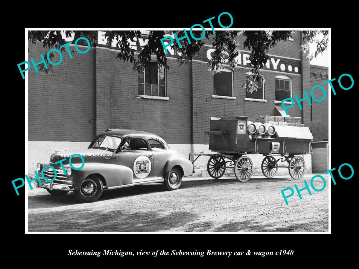 OLD LARGE HISTORIC PHOTO OF SEBEWAING MICHIGAN, THE BREWERY CAR & WAGON c1940