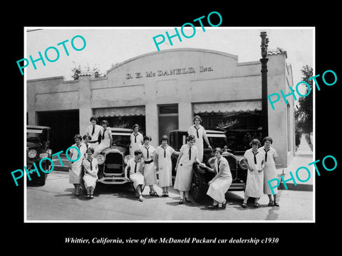 OLD HISTORIC PHOTO OF WHITTIER CALIFORNIA, THE McDANELD PACKARD CAR STORE c1930