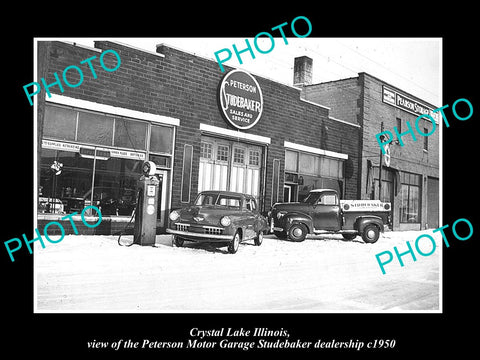 OLD LARGE HISTORIC PHOTO OF CRYSTAL LAKE ILLINOIS, THE STUDEBAKER GARAGE c1950