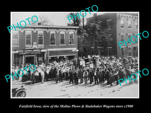 OLD LARGE HISTORIC PHOTO OF FAIRFIELD IOWA, THE STUDEBAKER & PLOW STORE c1900