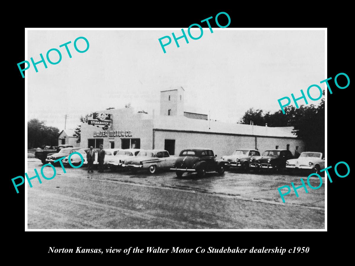 OLD LARGE HISTORIC PHOTO OF NORTON KANSAS, THE WALTER STUDEBAKER CAR STORE c1950