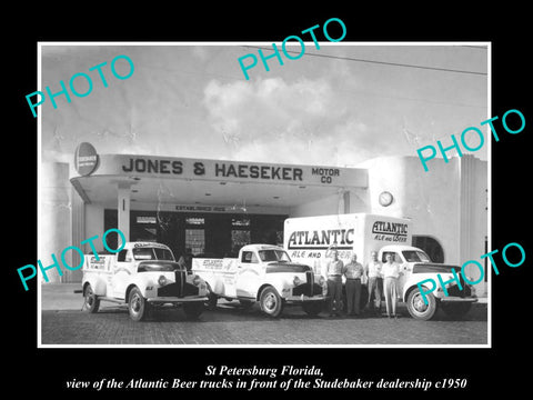 OLD HISTORIC PHOTO OF St PETERSBURG FLORIDA, ATLANTIC BEER & STUDEBAKERS c1950