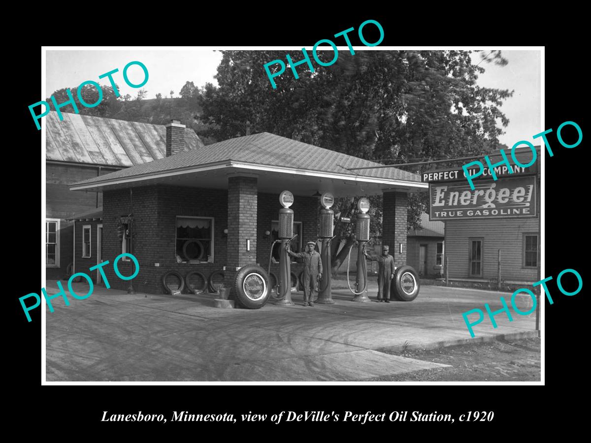 OLD LARGE HISTORIC PHOTO OF LANESBORO MINNESOTA, PERFECT OIL GAS STATION c1920