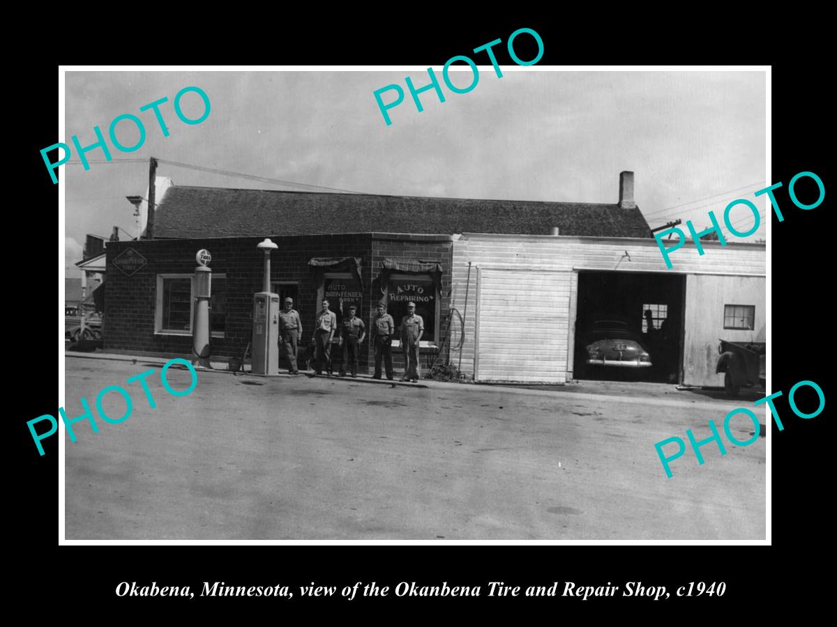 OLD LARGE HISTORIC PHOTO OF OKABENA MINNESOTA, THE TIRE & REPAIR SHOP c1940