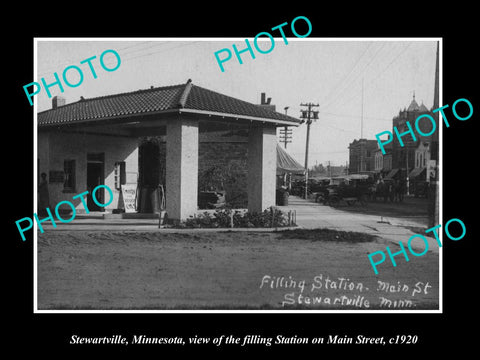 OLD LARGE HISTORIC PHOTO OF STEWARTVILLE MINNESOTA, GAS STATION & MAIN St c1920