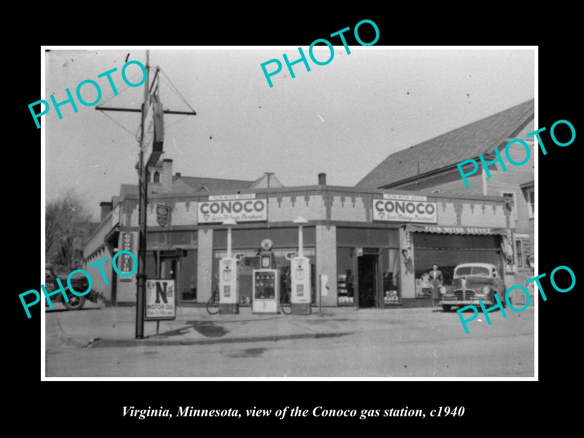 OLD LARGE HISTORIC PHOTO OF VIRGINIA MINNESOTA, THE CONOCO OIL GAS STATION c1940