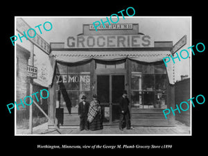 OLD LARGE HISTORIC PHOTO OF WORTHINGTON MINNESOTA, THE PLUMB GROCERY STORE c1890