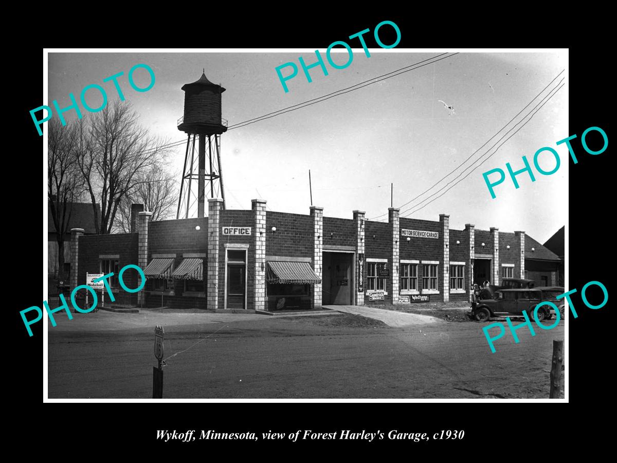 OLD LARGE HISTORIC PHOTO OF WYKOFF MINNESOTA, THE HARLEY MOTOR GARAGE c1930