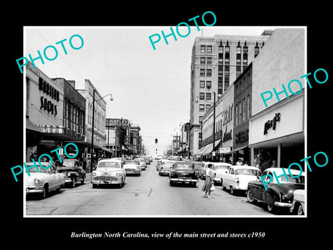 OLD LARGE HISTORIC PHOTO OF BURLINGTON NORTH CAROLINA, THE MAIN St & STORES 1950