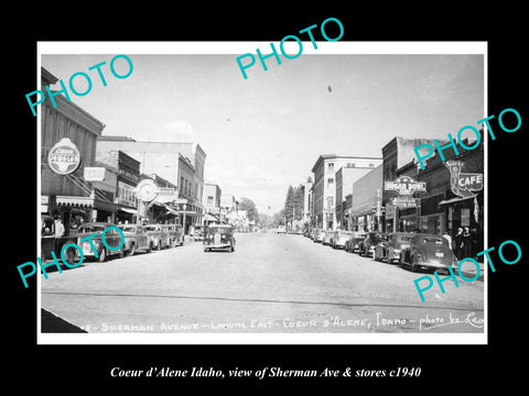 OLD LARGE HISTORIC PHOTO OF COEUR d'ALENE IDAHO, SHERMAN STREET & STORES 1940