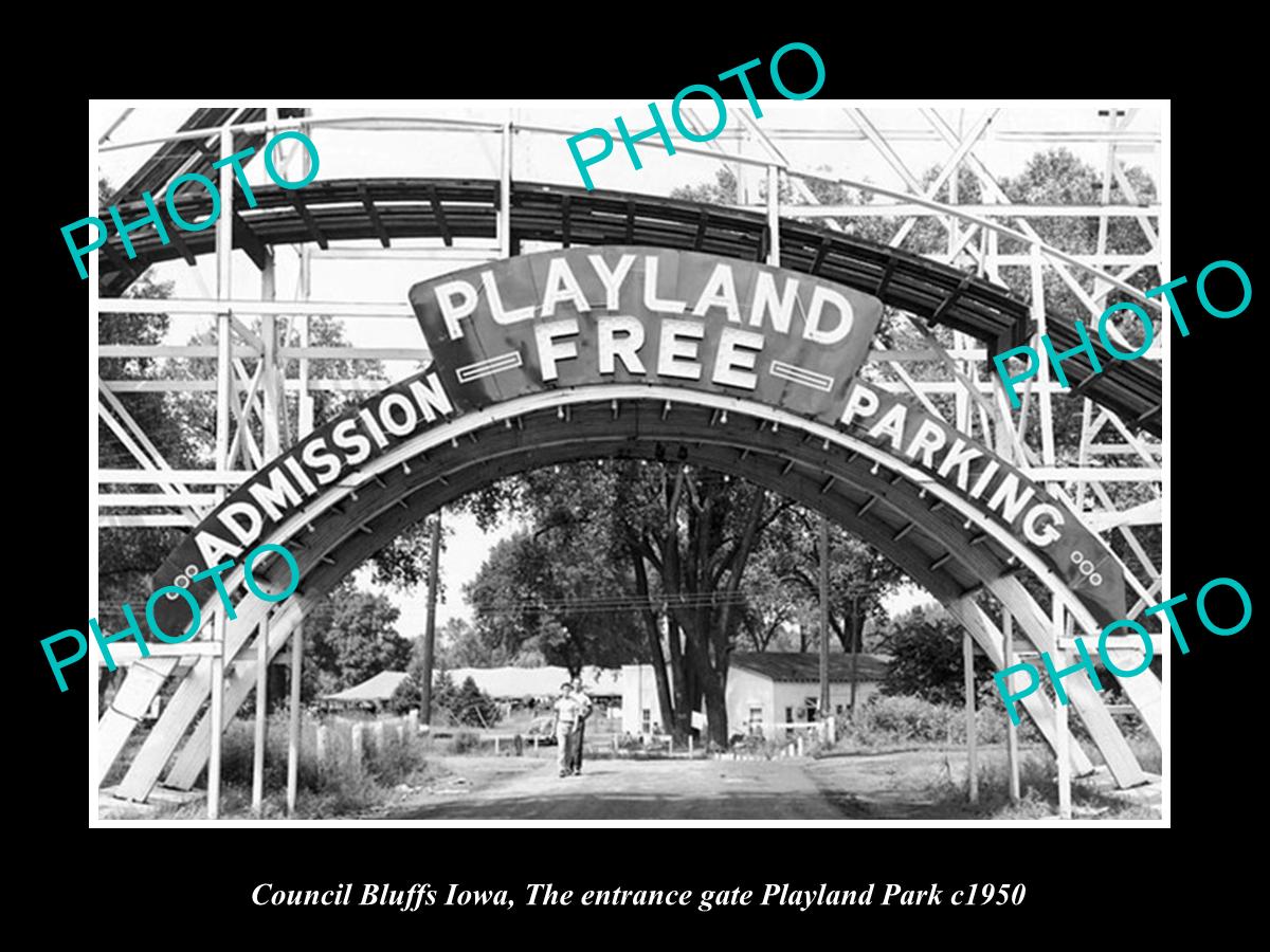 OLD LARGE HISTORIC PHOTO OF COUNCIL BLUFFS IOWA, THE PLAYLAND PARK GATE c1950