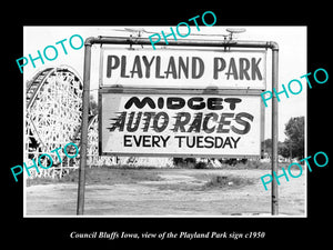 OLD LARGE HISTORIC PHOTO OF COUNCIL BLUFFS IOWA, THE PLAYLAND PARK SIGN c1950