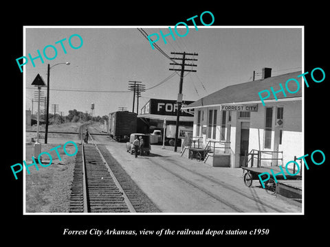 OLD LARGE HISTORIC PHOTO OF FORREST CITY ARKANSAS RAILROAD DEPOT STATION c1950 1