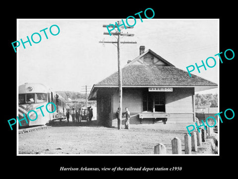 OLD LARGE HISTORIC PHOTO OF HARRISON ARKANSAS, THE RAILROAD DEPOT STATION c1950