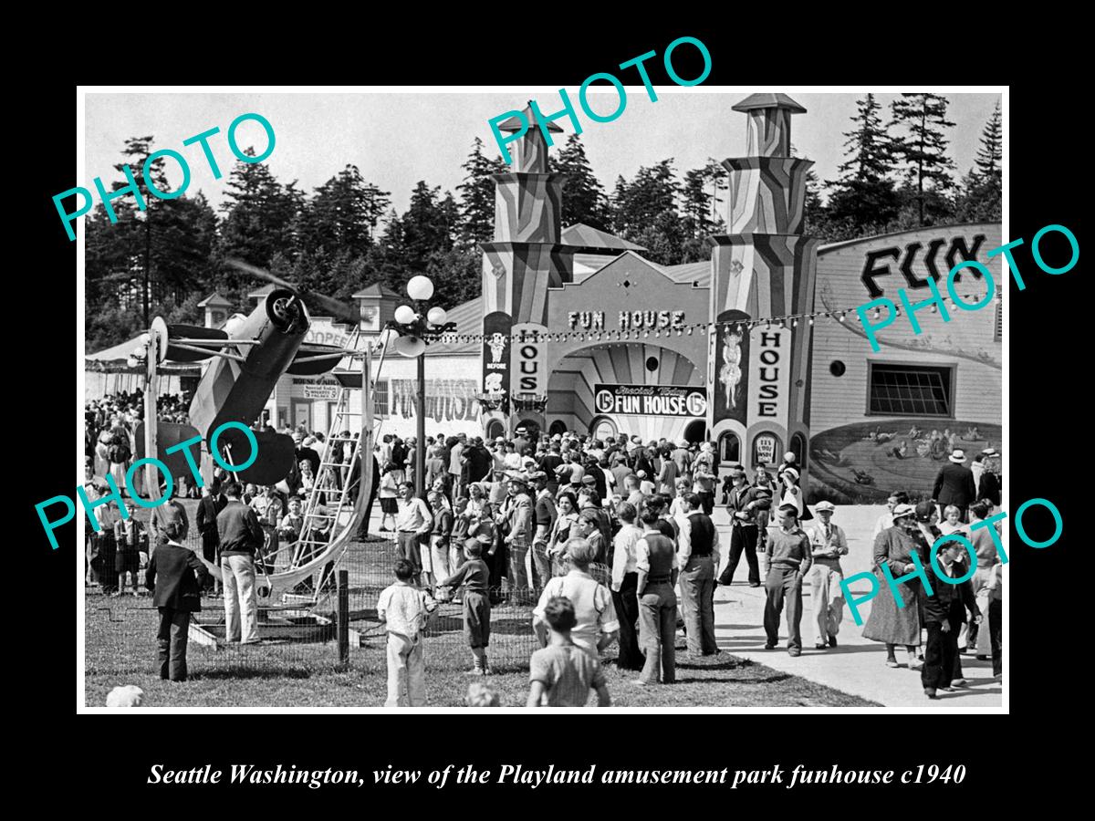 OLD LARGE HISTORIC PHOTO OF SEATTLE WASHINGTON, THE PLAYLAND FUN HOUSE c1940