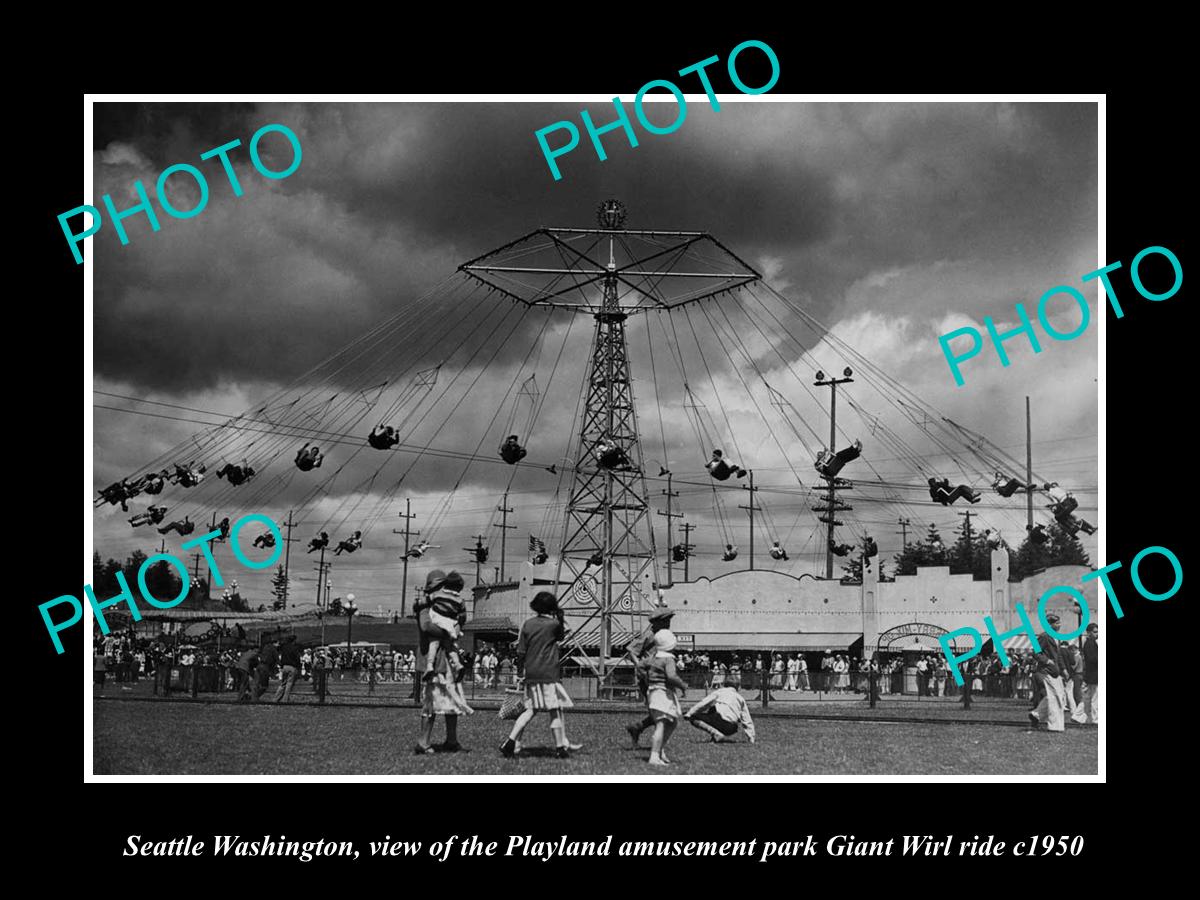 OLD LARGE HISTORIC PHOTO OF SEATTLE WASHINGTON, PLAYLAND GIANT WIRL RIDE c1950 2