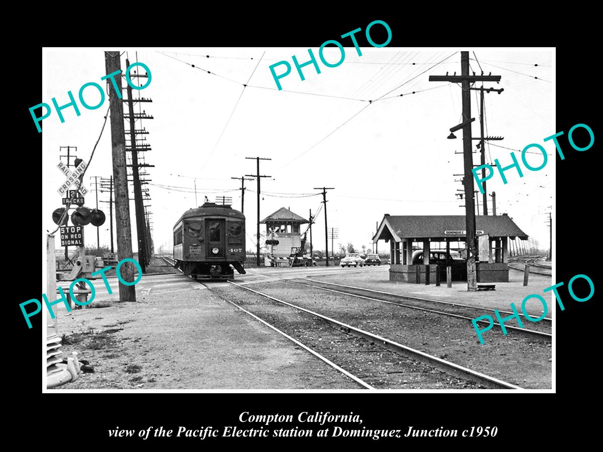 OLD LARGE HISTORIC PHOTO OF COMPTON CALIFORNIA, DOMINGUEZ Jt RAILROAD DEPOT 1950