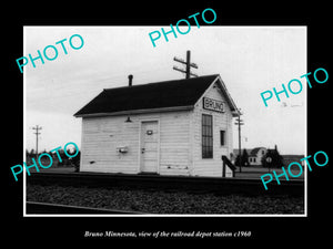 OLD LARGE HISTORIC PHOTO OF BRUNO MINNESOTA, THE RAILROAD DEPOT STATION c1960