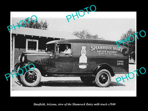 OLD LARGE HISTORIC PHOTO OF STANFIELD ARIZONA, THE SHAMROCK DAIRY TRUCK c1940