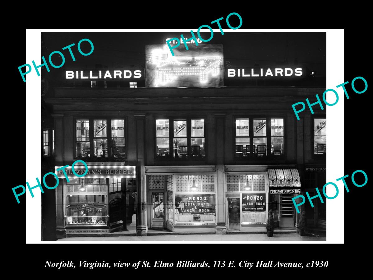 OLD LARGE HISTORIC PHOTO OF NORFOLK VIRGINIA, THE St ELMO BILLIARDS HALL c1930