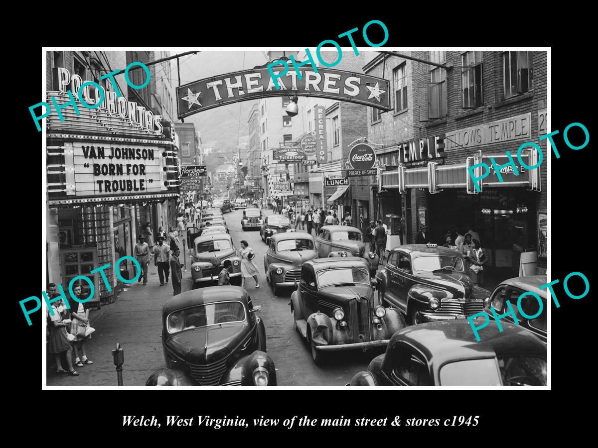 OLD LARGE HISTORIC PHOTO OF WELCH WEST VIRGINIA, THE MAIN STREET & STORES c1945