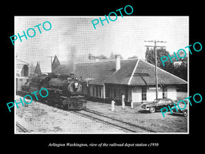 OLD LARGE HISTORIC PHOTO OF ARLINGTON WASHINGTON, RAILROAD DEPOT STATION c1950