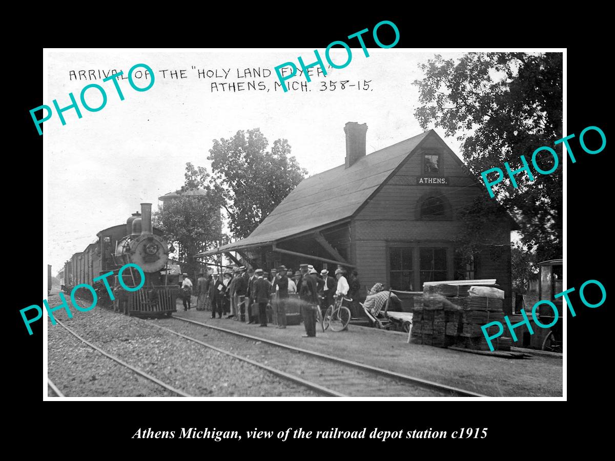 OLD LARGE HISTORIC PHOTO OF ATHENS MICHIGAN, THE RAILROAD DEPOT STATION c1915