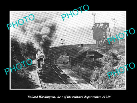 OLD LARGE HISTORIC PHOTO OF BALLARD WASHINGTON, THE RAILROAD DEPOT STATION c1940