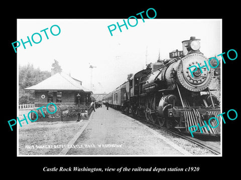 OLD LARGE HISTORIC PHOTO OF CASTLE ROCK WASHINGTON, RAILROAD DEPOT STATION c1920