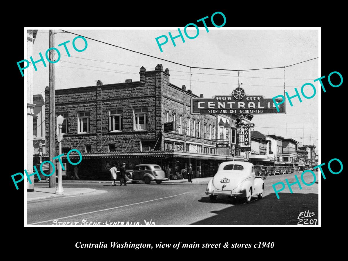 OLD LARGE HISTORIC PHOTO OF CENTRALIA WASHINGTON, THE MAIN STREET & STORES c1940