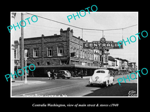 OLD LARGE HISTORIC PHOTO OF CENTRALIA WASHINGTON, THE MAIN STREET & STORES c1940