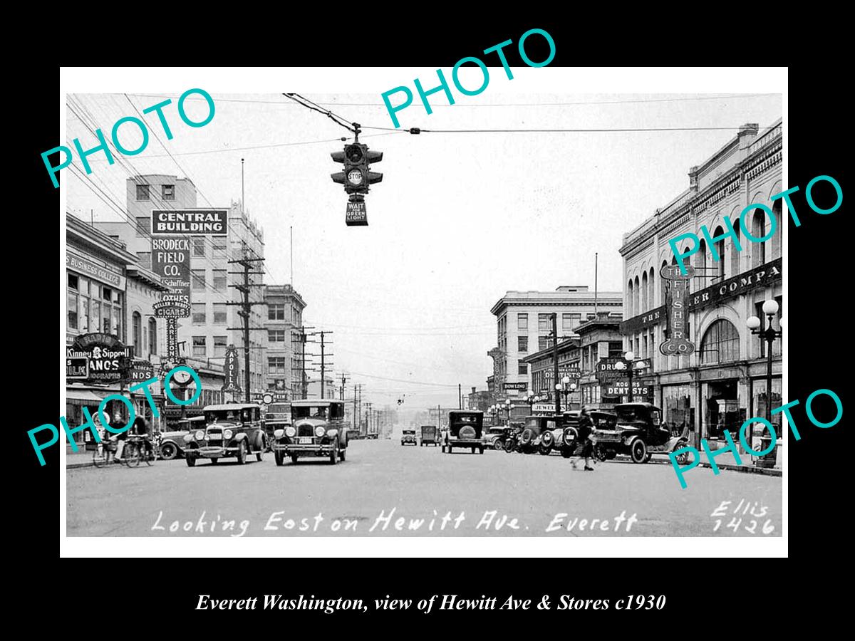 OLD LARGE HISTORIC PHOTO OF EVERETT WASHINGTON, THE STORES ON HEWITT Ave c1930