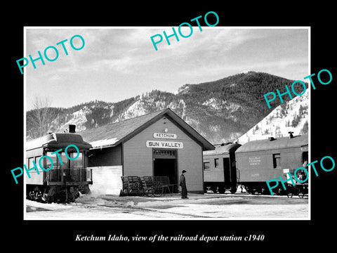 OLD LARGE HISTORIC PHOTO OF KETCHUM IDAHO, THE RAILROAD DEPOT STATION c1940