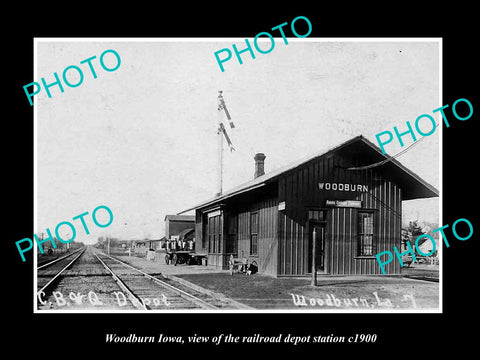 OLD LARGE HISTORIC PHOTO OF WOODBURN IOWA, THE RAILROAD DEPOT STATION c1900